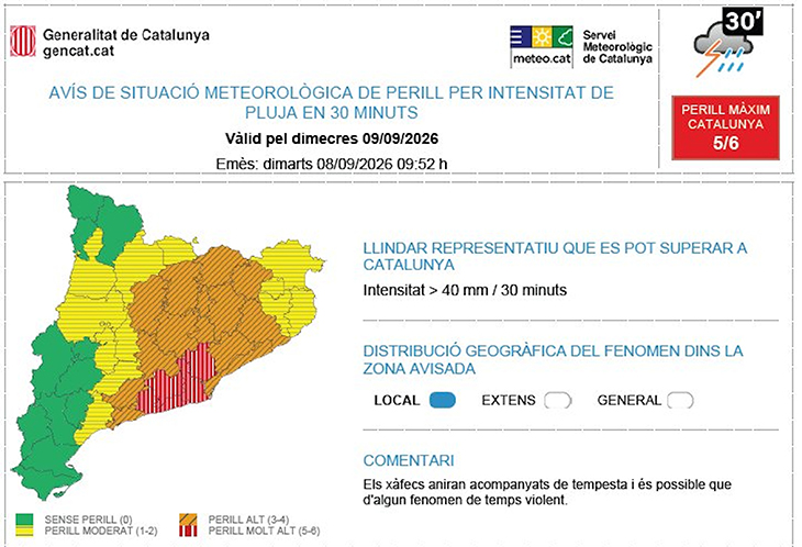 Alerta vermella per intensitat de pluja dimecres al Penedès, el Garraf, el Baix Llobregat i el Vallès Occidental