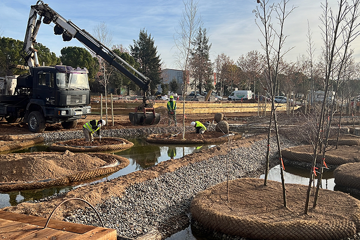 Recta final de les obres d'ampliació del Parc Central d'Igualada amb el polèmic llac artificial